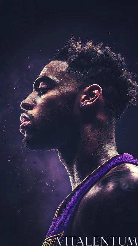 Side profile portrait of basketball player in purple light.