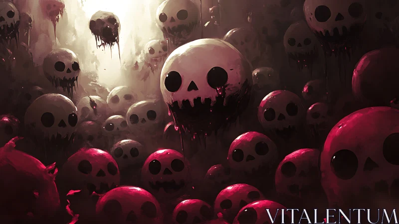 Clustered floating skull orbs drift in a dim red cavern