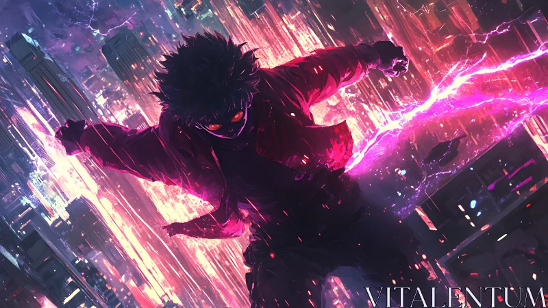 Cyberpunk aerial descent with neon-charged antihero silhouette.