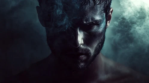 Low key portrait isolates a brooding male face in cold haze