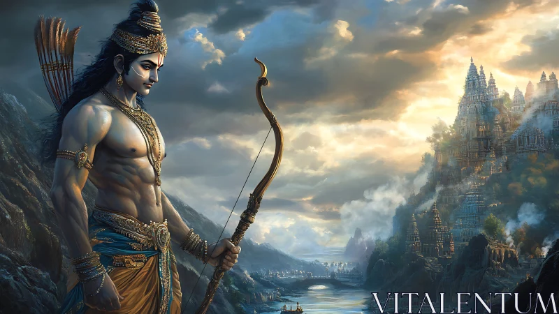 Sunlit warrior on misty cliffs watching a mythic city.