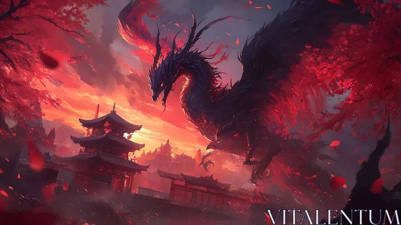 Colossal obsidian dragon eclipses a burning crimson temple sky