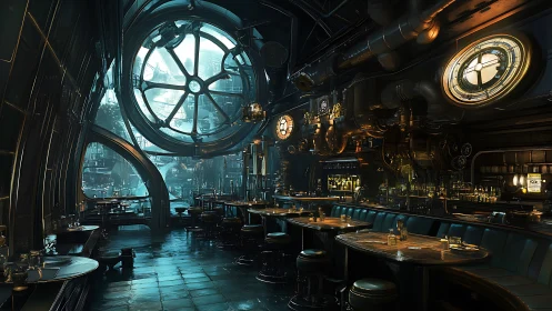 Steampunk bar interior shows large window and industrial details