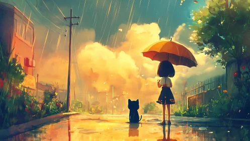 Girl and cat share a glowing umbrella walk in warm rain.
