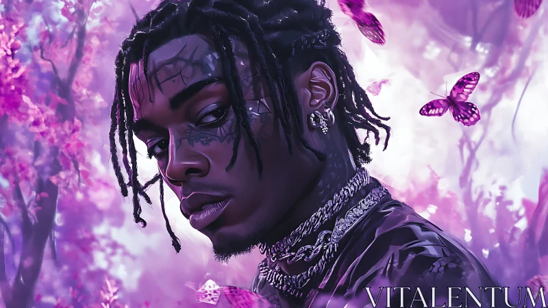 Digital portrait of man with tattoos in violet forest setting.