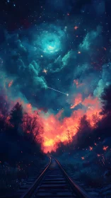 Railway perspective converges into nebular sky with luminous clouds