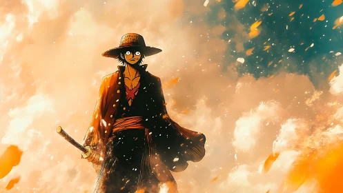 Straw-hatted wanderer strides through ember painted skies.