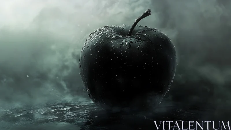 Dark wet apple in moody atmospheric digital artwork.