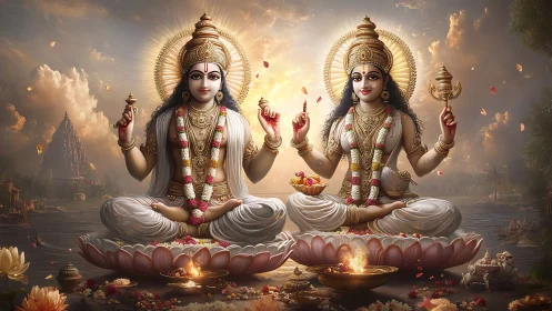 Divine twin goddesses on lotus thrones in luminous river dusk.