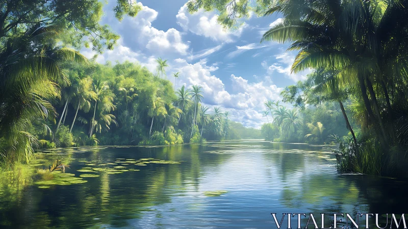 Sunlit tropical river drifts through lush emerald jungle