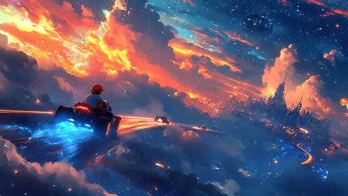 Futuristic sky roadway with hover vehicles above lit city.