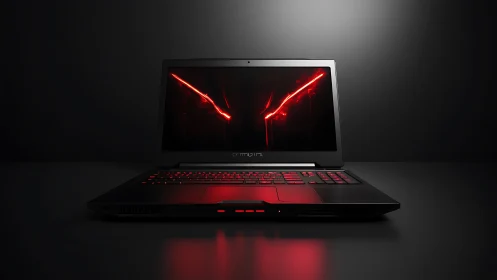 Gaming laptop renders aggressive red-lit interface on desk