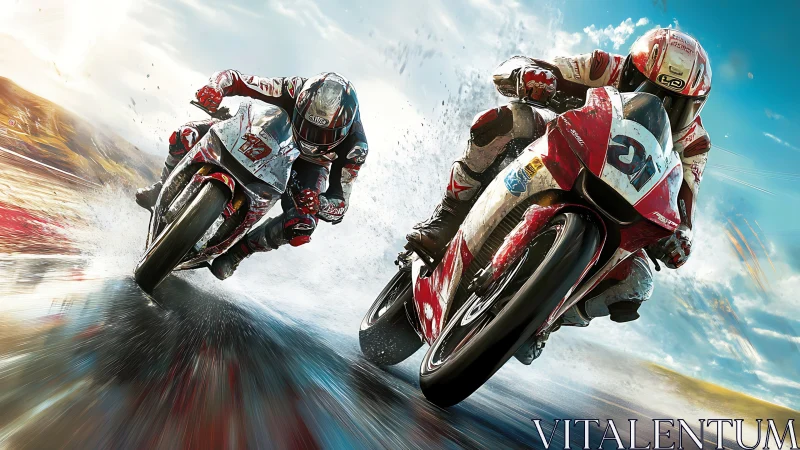 Motorcycle racers slice through wet tarmac in explosive speed