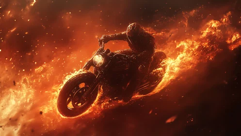 Flaming armored motorcyclist races through fiery inferno.