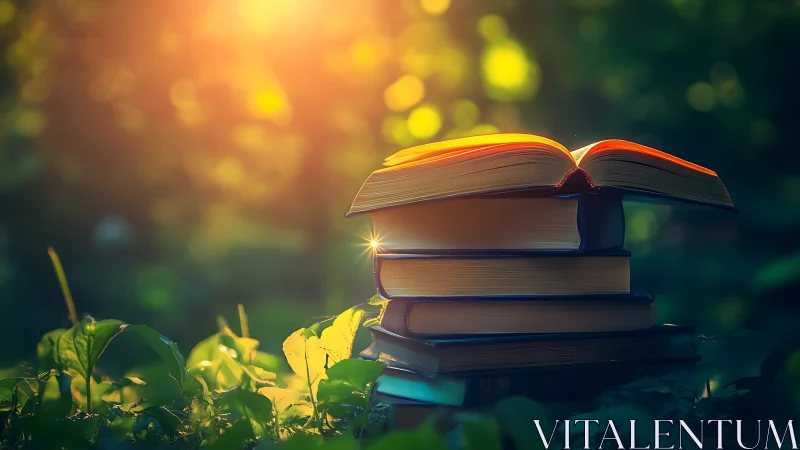Sunlit stories quietly bloom from a forest stack of books