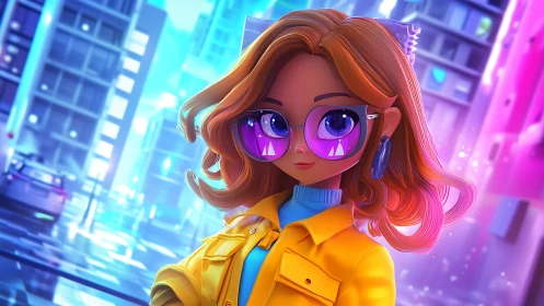 Neon city daydreamer in glossy glasses and yellow coat.
