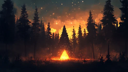 Forest Fire at Night with Central Bonfire and Silhouetted Trees