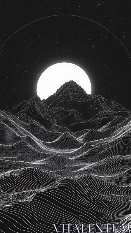 Monochrome line terrain under circular celestial body.