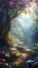 Luminous canyon path beneath blooming magenta archway.