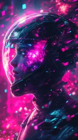 Neon-lit astronaut explores holographic cosmic data cloud