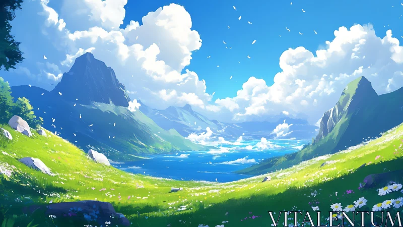 Sunlit alpine valley slopes descend toward vivid blue lake