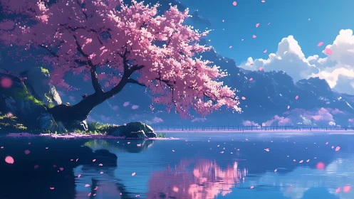 Cherry blossom tree over calm lake with mountain backdrop.