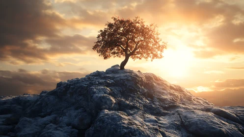 Solitary summit tree drinking molten sunrise light.