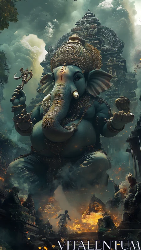 Colossal elephant deity looms above burning temple ruins.