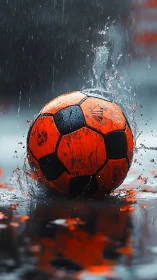 Orange soccer ball splashes through rain on reflective pitch