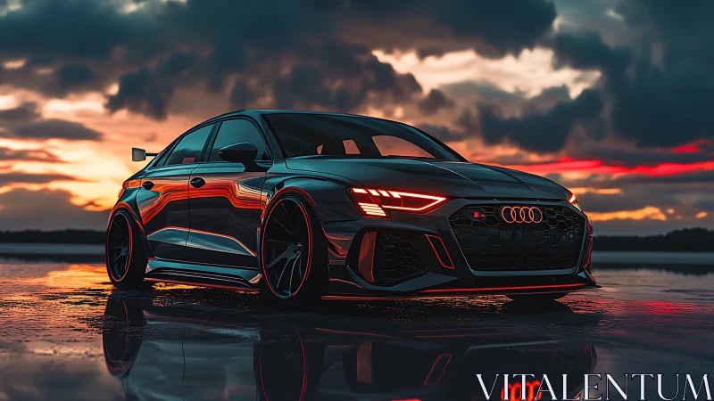 Low-slung performance sedan under neon sunset reflections.