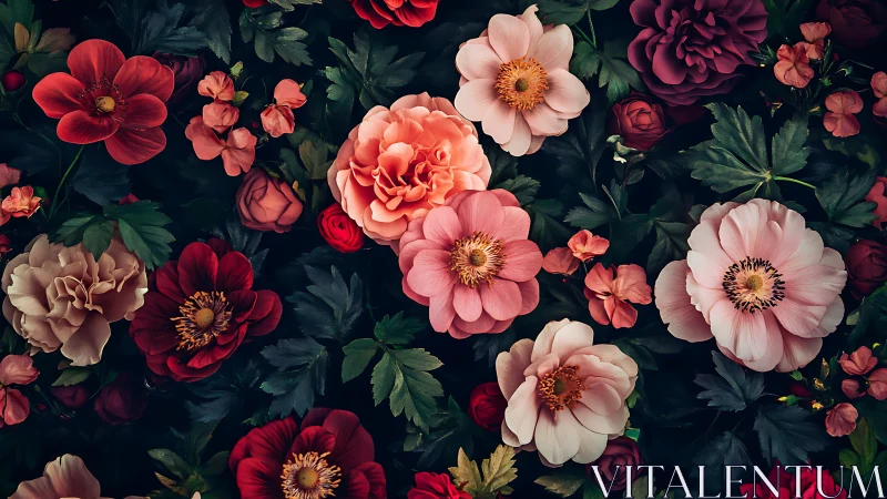 Deep botanical tapestry celebrating garden's crimson heart.