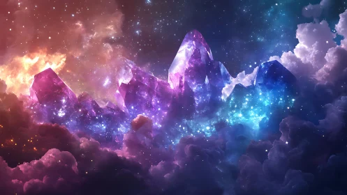 Shimmering cosmic crystal peaks glowing in dreamy starlight.