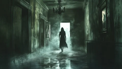 Cinematic haunted corridor with silhouetted spectral figure.