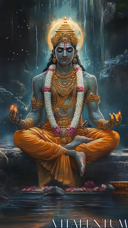 Serene divine figure in golden light by a quiet waterfall.