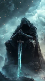 Hooded knight kneels in stormlit fog, gripping glowing sword