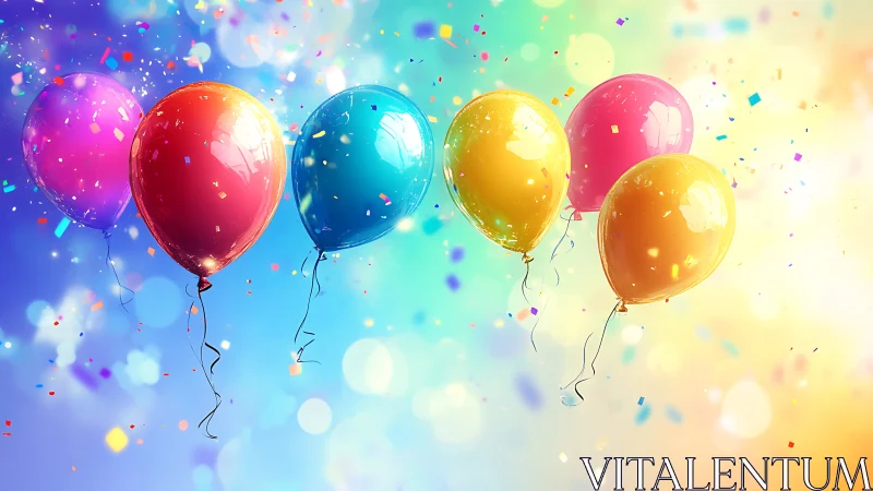 Iridescent 3D Balloons with Confetti Against Gradient Sky
