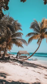 Tropical Beach with Palm Trees and Thatched Shelter.