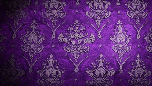 Ornate purple damask wallpaper with embossed brocade relief.