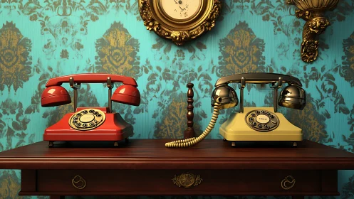 Twin retro telephones trading secrets beneath baroque timepieces.