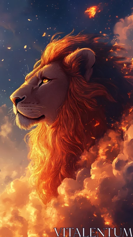 Celestial lion head crowned by blazing ember clouds.