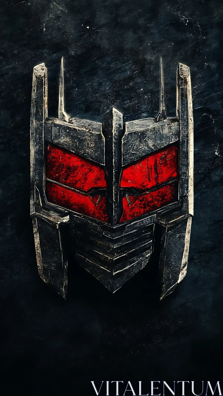 Weathered metallic robotic mask with red insets is centered