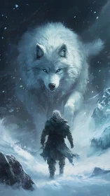 Giant spectral ice wolf confronting lone cloaked warrior in blizzard