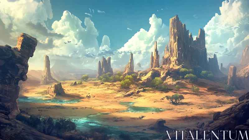 Sunlit mesa desert panorama with stylized atmospheric depth