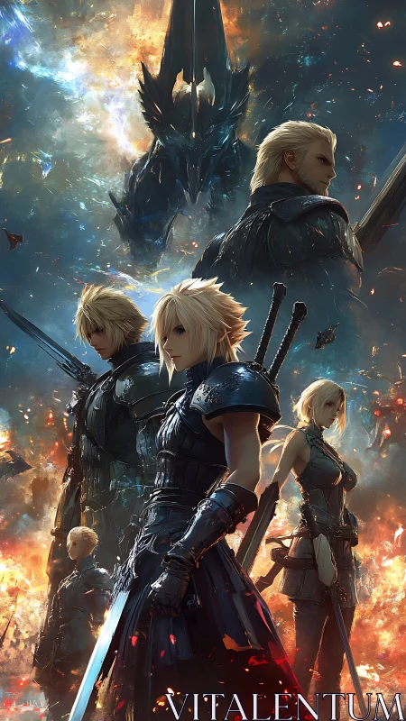 Armored swordsmen and dragon amid dispersed fiery debris.