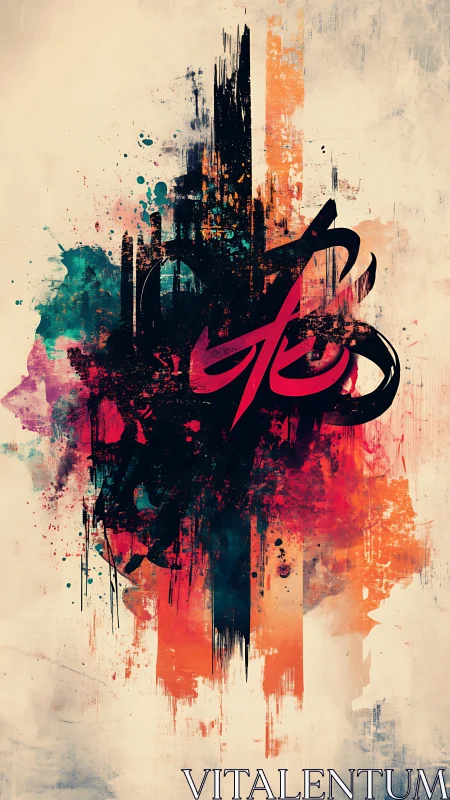 Abstract vertical composition with gestural calligraphic form.