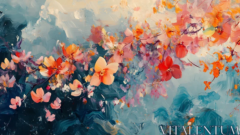 Abstract floral branches in layered blue and orange brushwork.