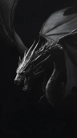 Monochrome dragon profile with extended wings in shadow.