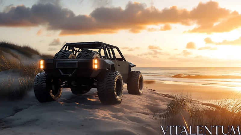 Sunset dune crawler idles at the edge of a shimmering sea.