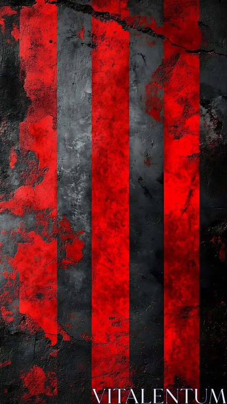 Bold red stripes crackle against a dark, weathered wall