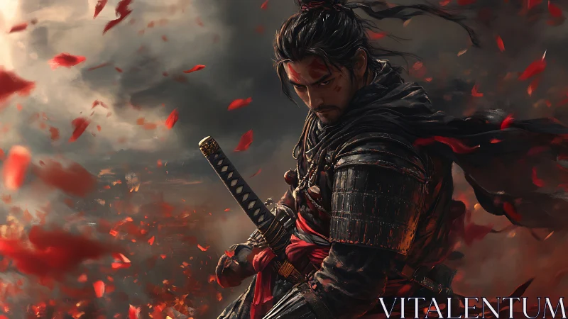 Armored samurai grips katana amid storm of red petals